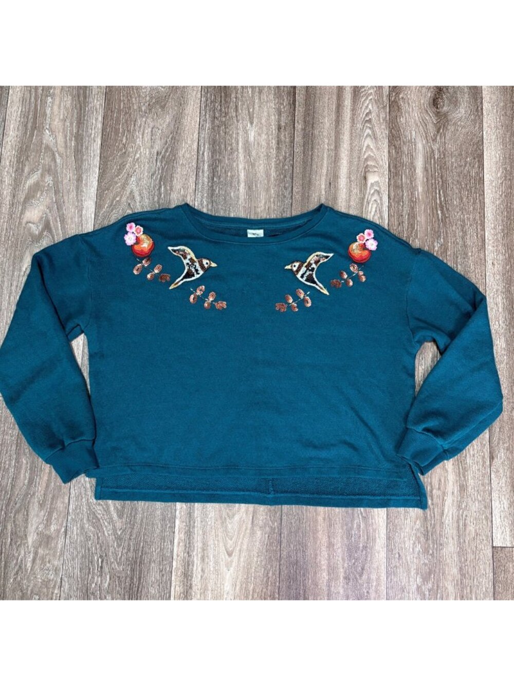 Disney LC Lauren Conrad Teal Sweatshirt Birds & Floral Embroidery Size M